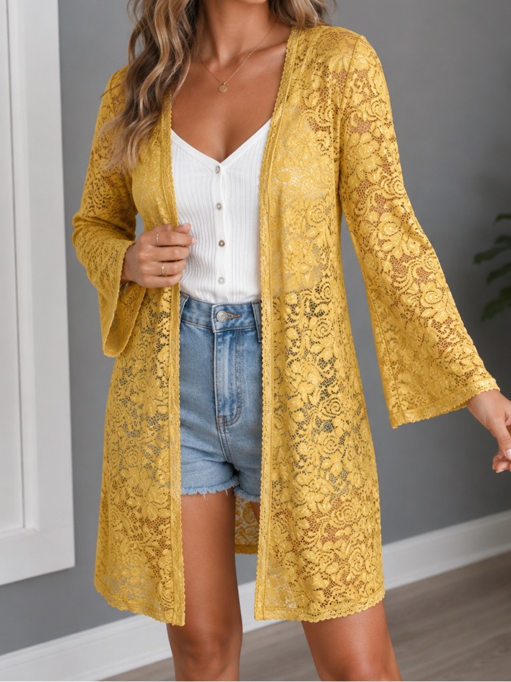 B+ Denim Collection Mustard Yellow Lace Duster Cardigan Kimono | Size XL